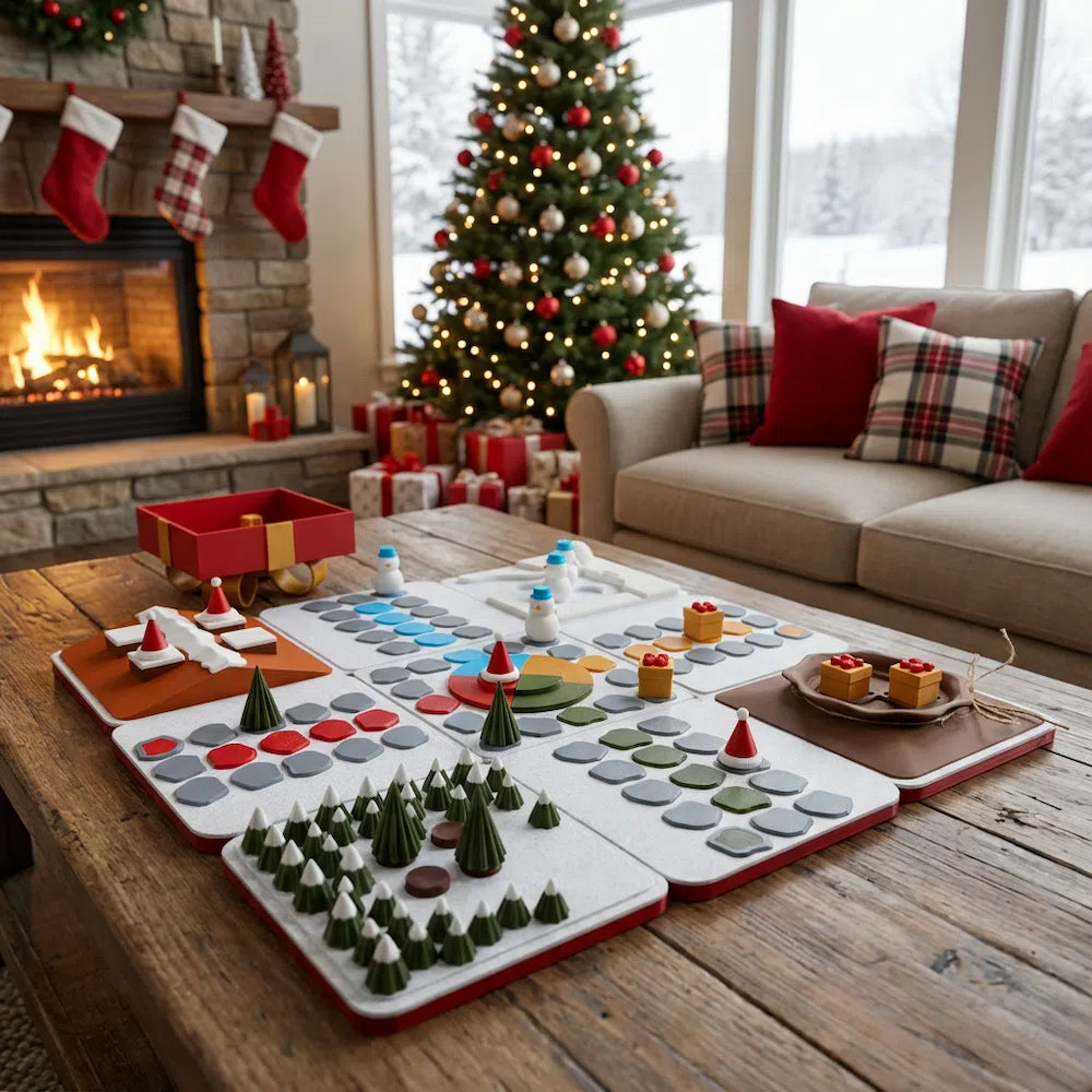 3d printed board game in a red box with a golden bow