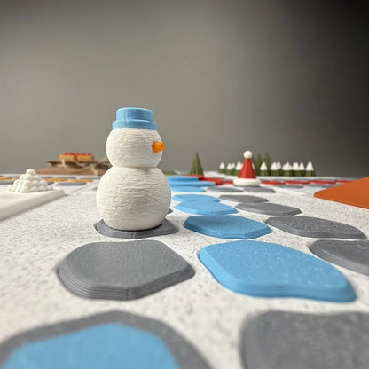 Closeup of a 3d printed board game including snowmen