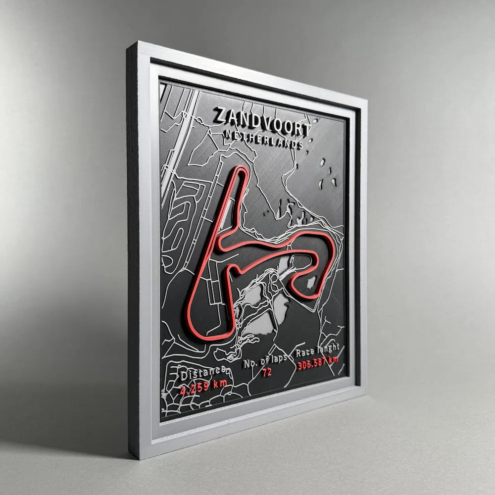 Framed map of Zandvoort with red design on a gray background