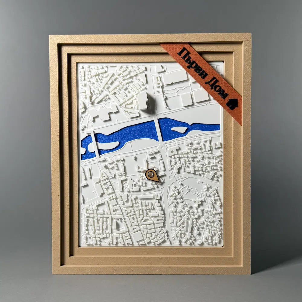 Framed map with a personalized location in brown frame