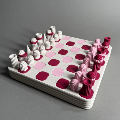A side view of a 3d printed pink chess set