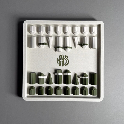 3d printed chess in green and bone white top view